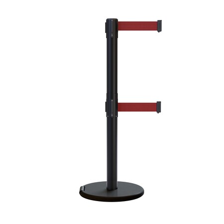 Montour Line Retractable Double Belt Rolling Stanchion, Maroon, 7.5 ft Length, 2.5 ft Post Height P400DRL-BK-MN-75